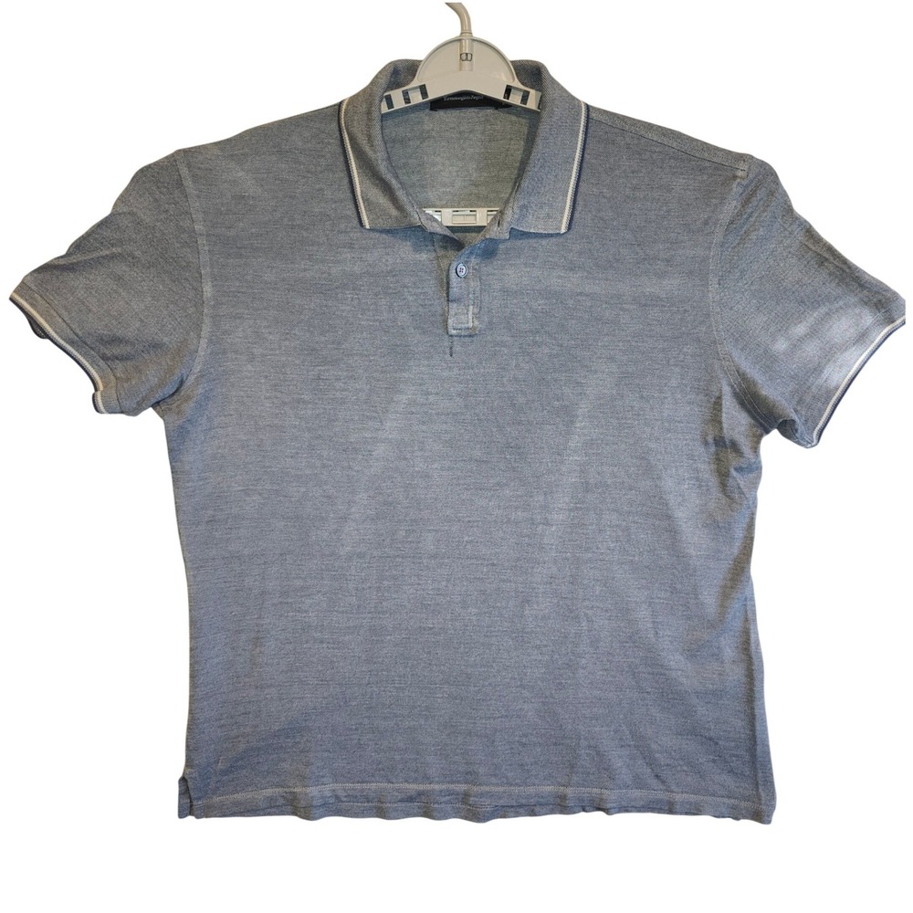 Ermenegildo Zegna Mens Blue Silk Cotton Blend Tipped Polo Shirt Size LARGE